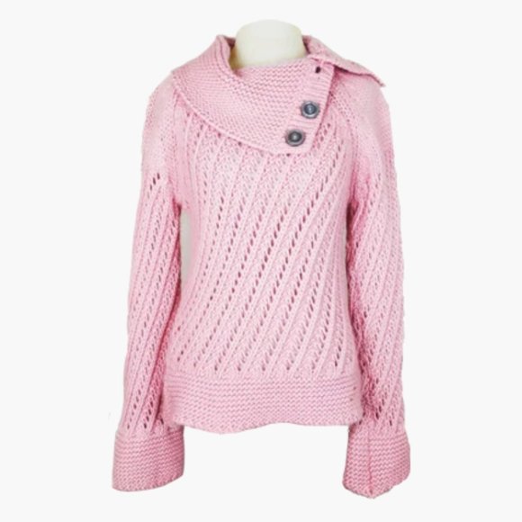Fisherman Out Of Ireland Sweaters - Fisherman Out of Ireland Button Neck Aran Style Sweater in Pink